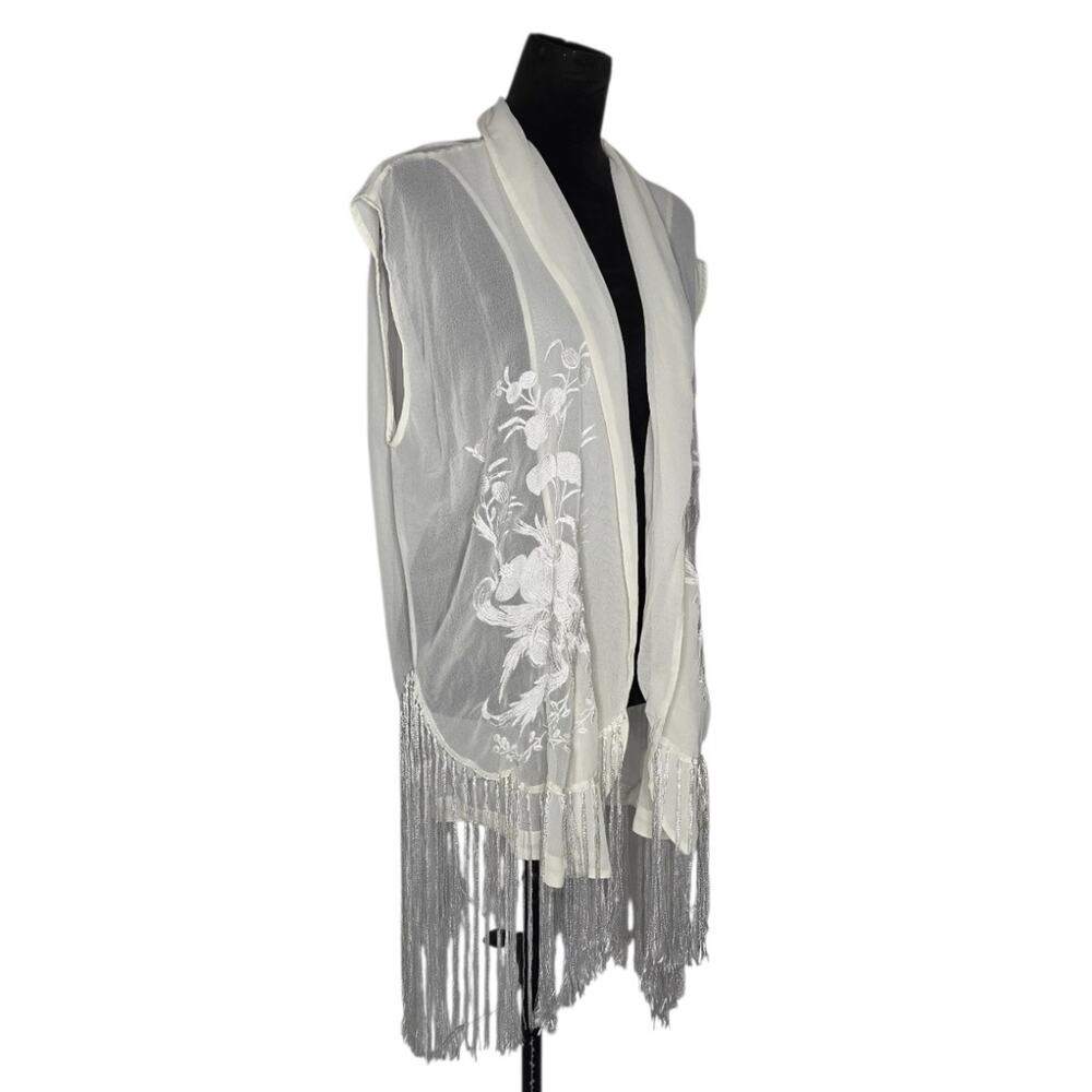 Echo & Rage XL Ivory Sheer Embroidered Fringe Vest Kimono Boho Duster Festival - Picture 2 of 9